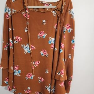 Floral Brown Blouse with Bell Sleeves